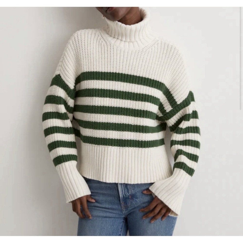 Madewell Women's Wide Rib Turtleneck Sweater Varsity Green Stripe S Boxy Boho
